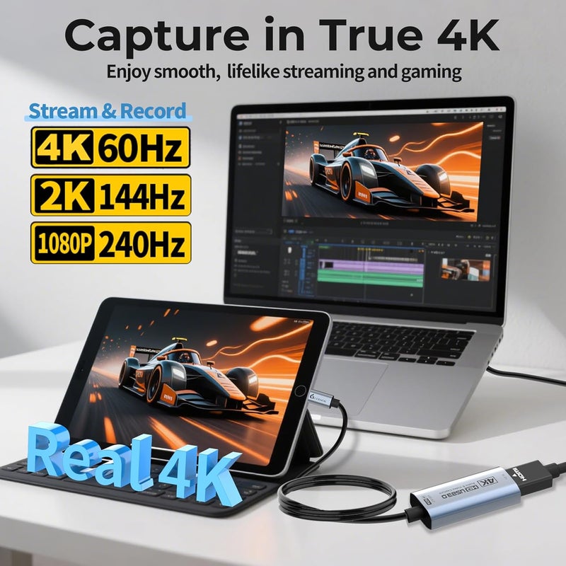 Guermok Switch Capture Card, Stream and Record in 4K@60FPS, 1080P@240FPS, 3.3ft, USB3.0 HDMI to USBC Video Capture Card for Streaming, Works with iPad, Switch 2/1, PS5/4, Quest 3/Mac/PC/OBS/Xbox - Image 5